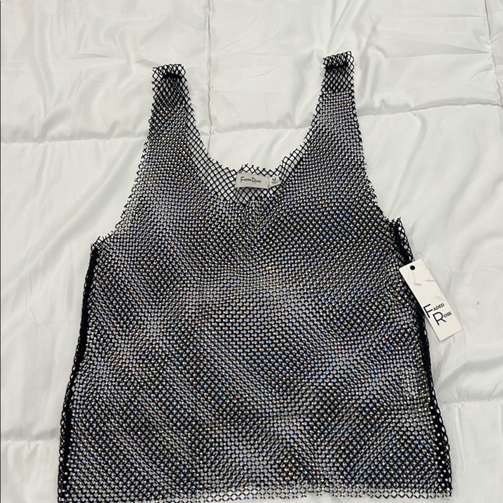 Black Mesh Glitter Tank Top by Faded Rose: Medium
